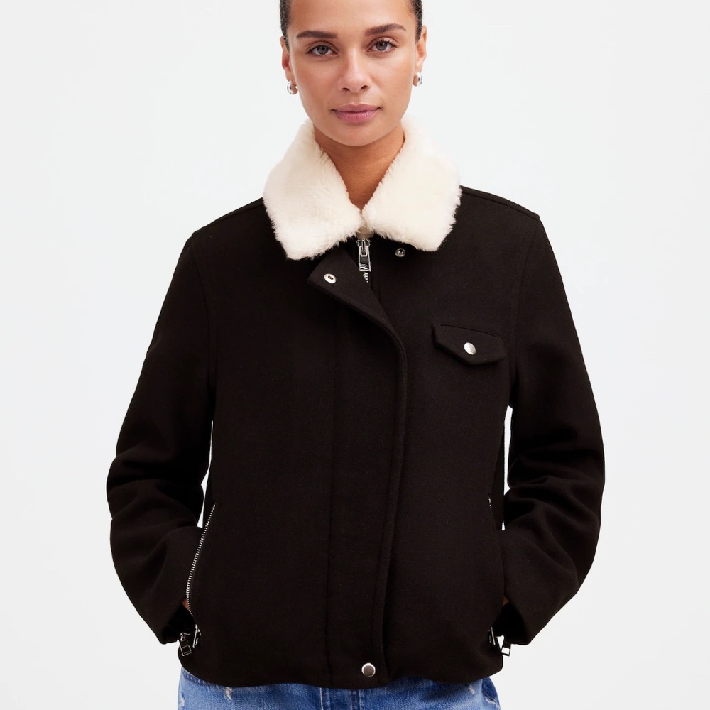 Madewell Sherpa-Collar Asymmetric Zip-Front Black Wool Jacket - S